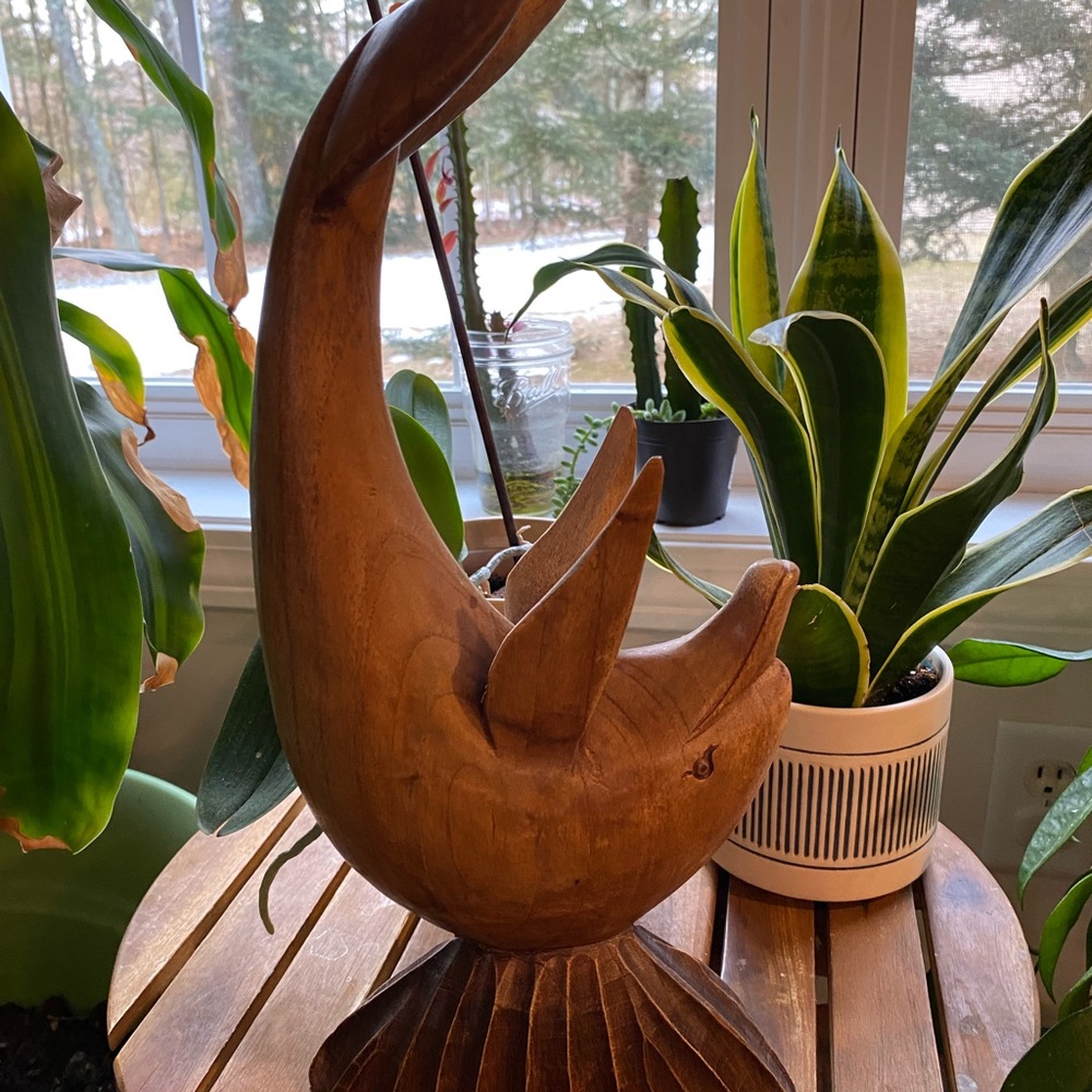 Vintage Hand-Carved Wooden Dolphin/Fish Sculpture Decor Sea Life